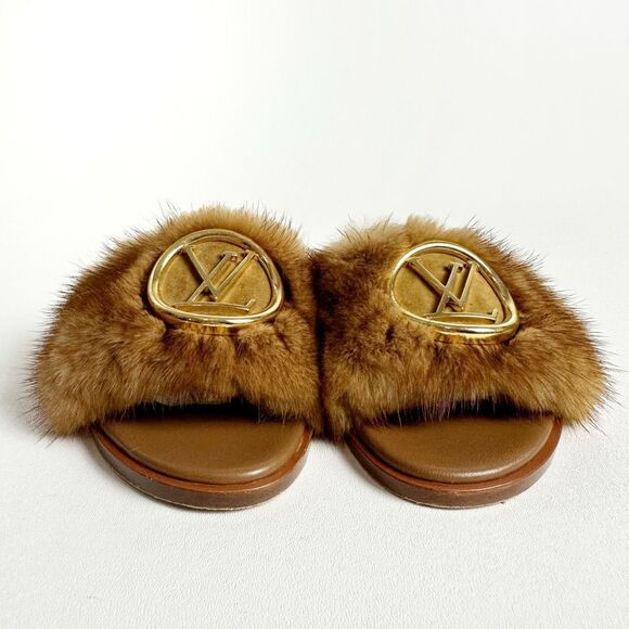 LOUIS VUITTON Lock It Mink Fur Brown Slide Sandal 37 US 7 Mules Logo Flat Mule - Picture 7 of 14